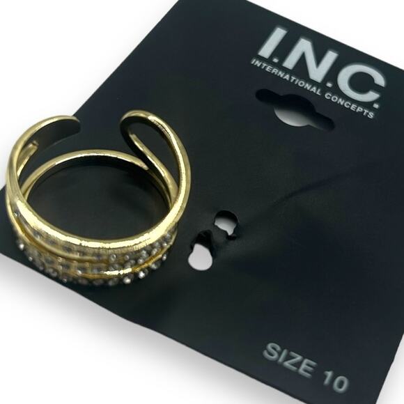 NEW INC Macy's Gold Triple Band Pavé Crystal Statement Ring Size 10 Rhinestone - Picture 3 of 9